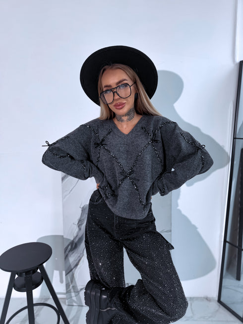 Knitted sweater "GLITTER BOW MO-4006" - DARK GRAY